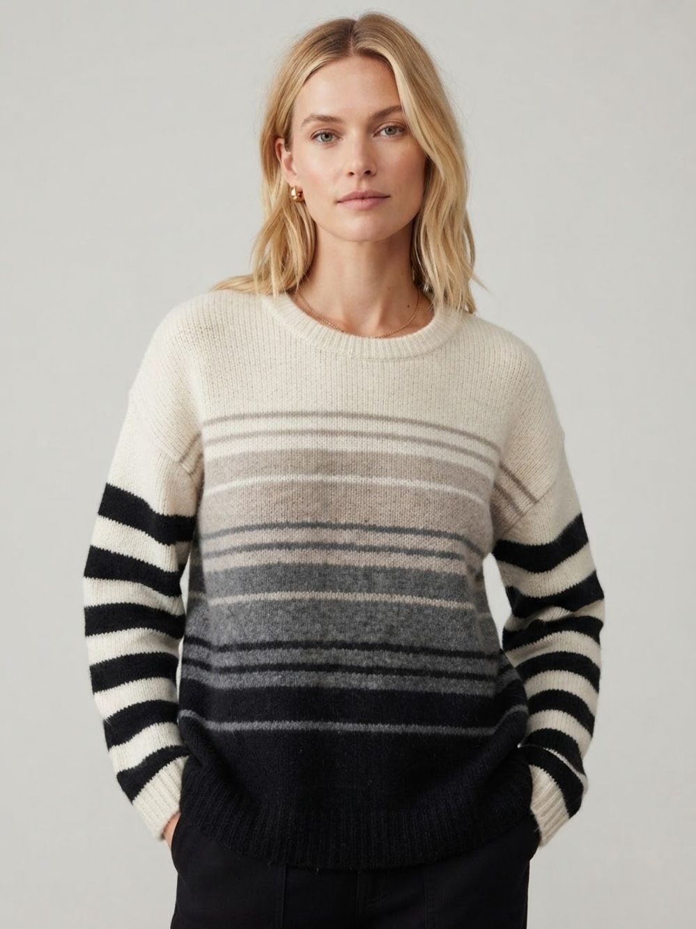 Women’s Alpaca Blend Oversized Sweater Extra Long Sleeves Neutral Ombré Medium